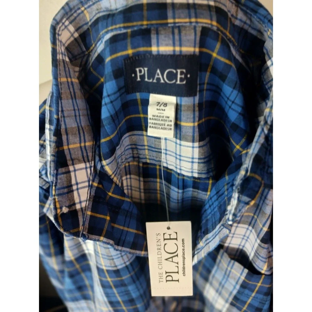 Children’s Place Boy’s Preppy Button Up Plaid Long Sleeve Shirt Blue White  7/8